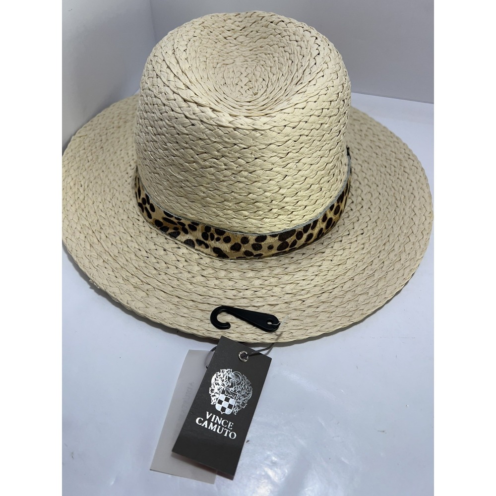 Vince Camuto Straw Fedora Sun Hat Leopard Pony Fur Band Tan O/S NWT